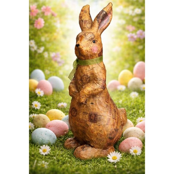 Unknown Other - Vintage Decoupage Paper Mache Bunny Rabbit Postcard Print Green Bow 16"